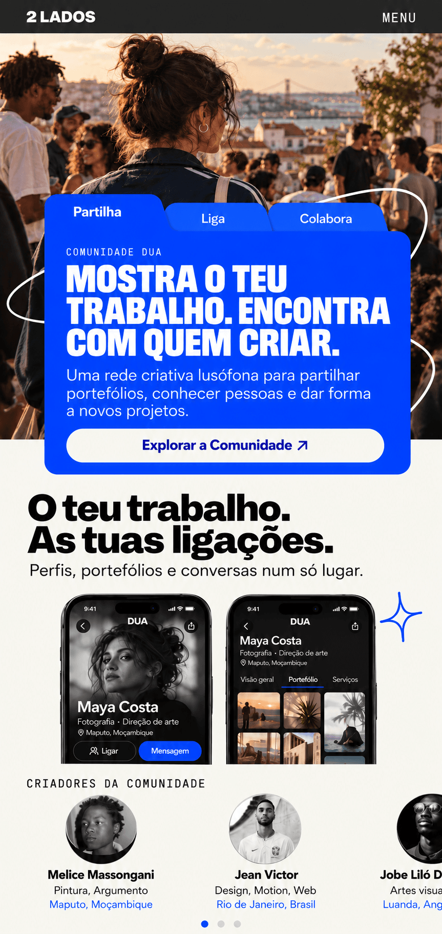 Perfil criativo e portefólio da Comunidade DUA em dois telemóveis ligados por um rabisco azul