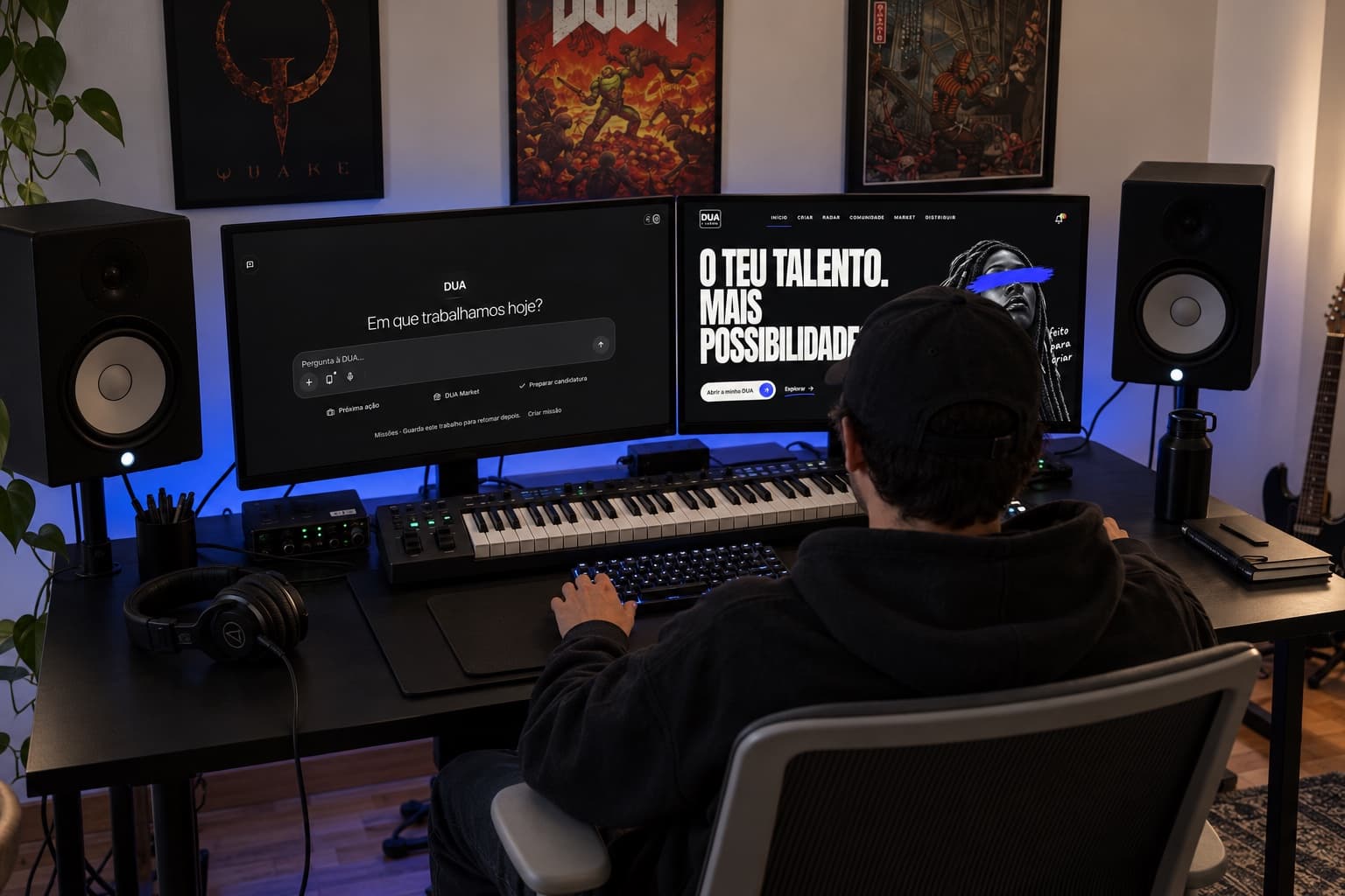 Jovem de costas, com boné, a trabalhar com a DUA num home studio musical